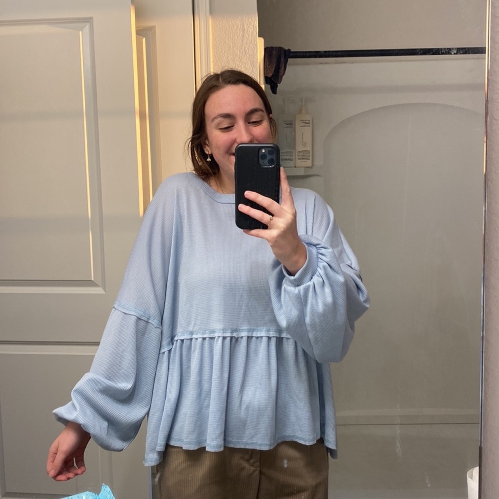 Light powder blue waffle knit long sleeve flowy top boho comfy altar'd state